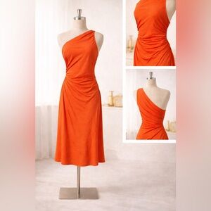 NWT Antonio Melani Lena Citrus One Shoulder Ruched Midi Dress Sz 8 Side Zip
